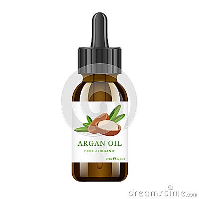 Realistic brown glass bottle with argan extract. Beauty and cosmetics oil - argan. Product label and logo template Vector Illustration