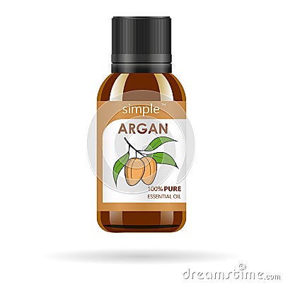 Realistic brown glass bottle with argan extract. Beauty and cosmetics oil - argan. Product label and logo template Vector Illustration