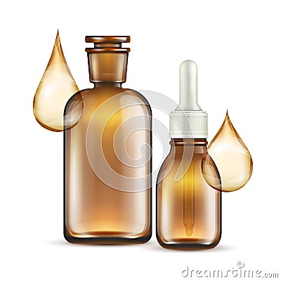 Realistic brown glass bottles for oil cosmetics Vector Illustration