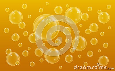 Realistic bubbles with reflection on yellow background. Beer bubbles background. Fizzing air in glass. Vector Vector Illustration