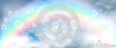 Realistic bubbles and white smoke on the background of a rainbow Vector Illustration