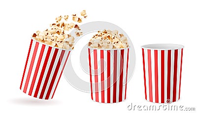 Realistic bucket popcorn. 3d corn snacks paper cups, striped red white packaging empty, full, and with flying flakes Vector Illustration