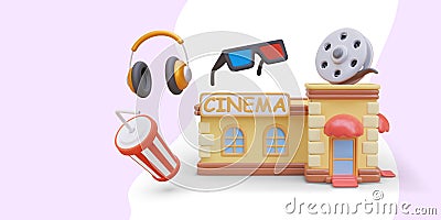 Realistic building, film reel, headphones, anaglyph glasses, striped cup with cold drink Vector Illustration