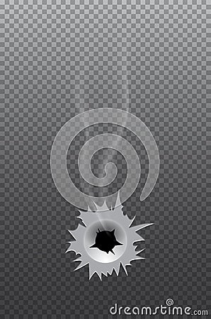 Realistic bullet hole with smoke grey backdrop Vector Illustration