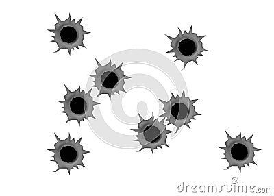 Realistic bullet holes from firearm in metal plate. Stock Photo
