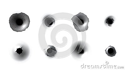 Realistic bullet holes set vector illustration. Collection of damaged element from shooting weapon Vector Illustration