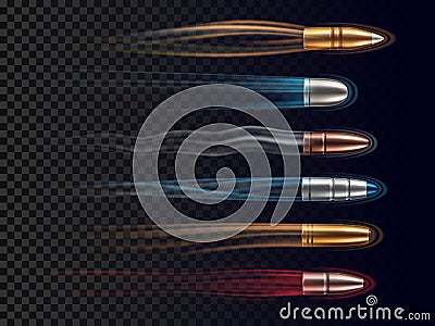 Realistic bullet traces. Military flying projectiles leaving colored trails, weapon shot high speed visible effect Vector Illustration