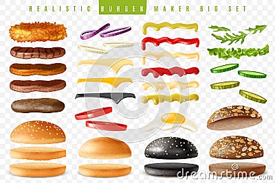 Realistic burger maker big transparent background set Vector Illustration