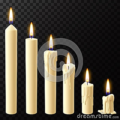 Realistic burning candle. Wax candles reflow stages, holiday xmas or church burning wick candles vector isolated Vector Illustration