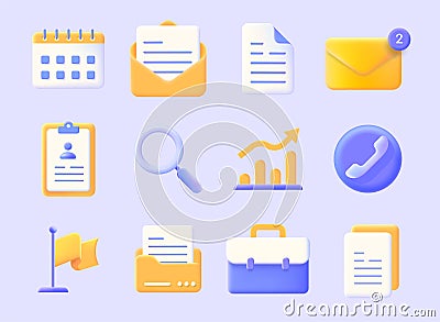 Realistic business icons. 3D calendar document form. Contact papers. Mail message. Envelope or call plastic signs Vector Illustration