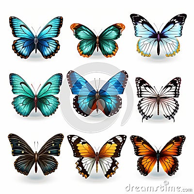 Realistic Butterfly Vector Clipart Set - Dark Cyan And Light Amber Cartoon Illustration