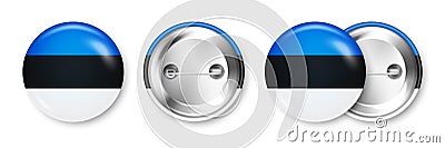 Realistic button badge with printed Estonian flag. Souvenir from Estonia. Glossy pin badge with shiny metal clasp Vector Illustration