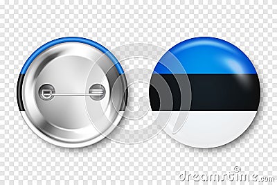 Realistic button badge with printed Estonian flag. Souvenir from Estonia. Glossy pin badge with shiny metal clasp Vector Illustration