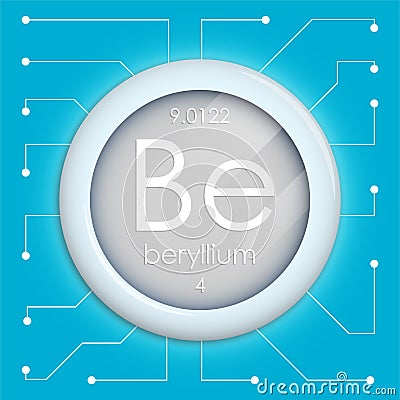 Realistic button with beryllium symbol. Chemical element is hydrogen. Vector isolated on white background Vector Illustration