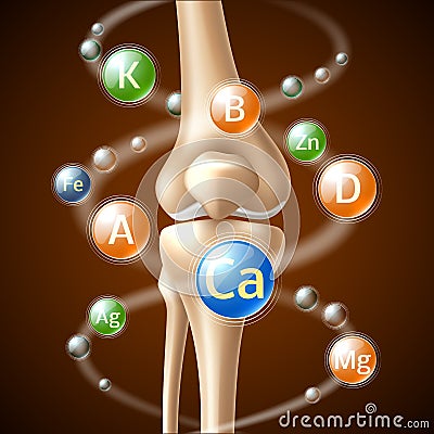 Realistic calcium. Benefits for human bones, different flying chemical elements, 3d knee joint, vitamins and minerals Vector Illustration