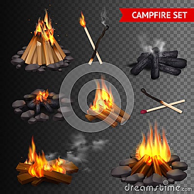 Realistic Campfire Transparent Set Vector Illustration