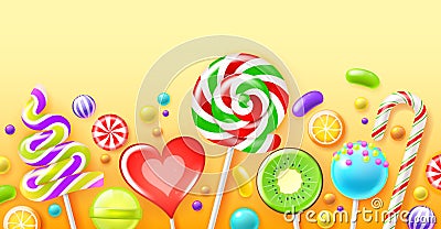 Realistic candies poster. Color sweets, bright lollipops, glossy fruit dragees, striped caramels on sticks, sugar Vector Illustration