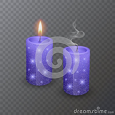 Realistic candle, Burning Blue candle and an extinct candle with glittering texture on dark background, vector illustration Vector Illustration