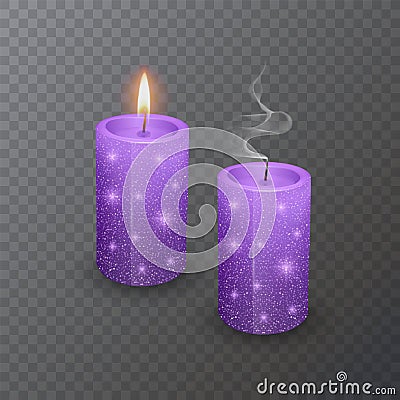 Realistic candle, Burning purple candle and an extinct candle with glittering texture on dark background, vector illustration Vector Illustration