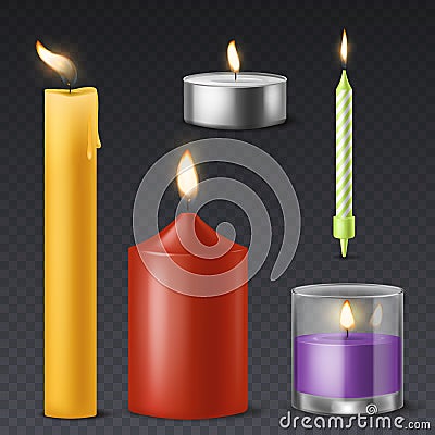 Realistic candle. Candlelight romantic birthday holiday wax burning 3d candles warm fire dinner celebration symbol Vector Illustration