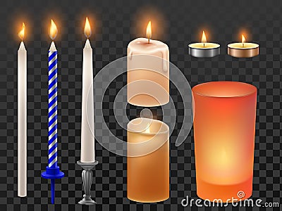 Realistic candle. Christmas holidays or birthday candles, flicker flaming wax and romantic fire flame. Candlelight Vector Illustration