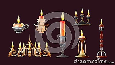 Realistic candles in candlesticks set. Retro vintage candle holders, chandelier and candelabrums with burning flames. Household Vector Illustration