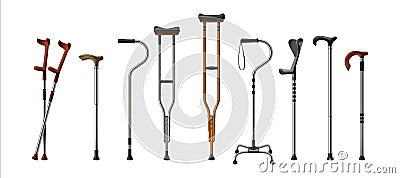 Realistic canes. 3D walking sticks and crutches. Medical supplies for old or injured persons. Equipment for recovery and Vector Illustration