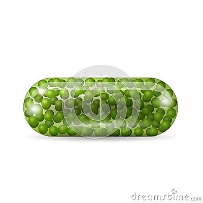 Realistic capsule pill with green granules inside it. Vector Illustration