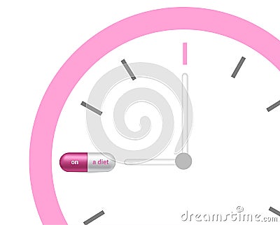 Realistic Capsule or Pill Medicine With On a diet Time and Addict to Slim Body with Clock on white Background Vector Illustration