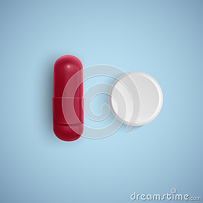 Realistic capsule and a pill on a white background, medicine, red capsule and white tablet, vector illustration Vector Illustration