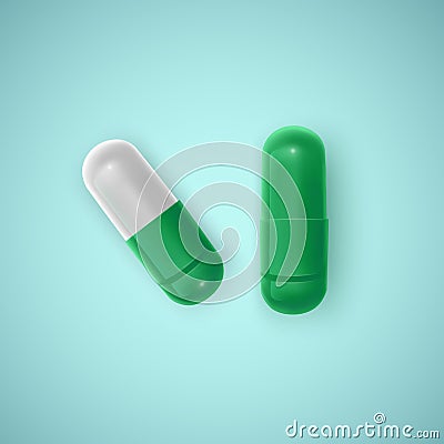 Realistic capsule white background, medicine, green tablet or pill, vector illustration Vector Illustration