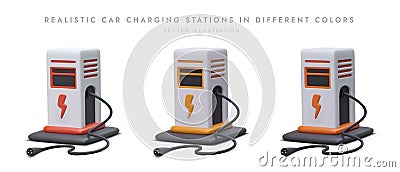 Realistic car charging stations in different colors. Isolated 3D drawings with shadows Vector Illustration