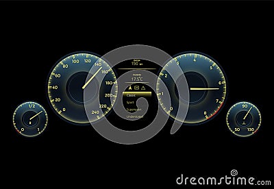 Realistic car dashboard speedometer and tachometer. Speed measure gauge. Motorbike or motorcycle speed indicator Vector Illustration