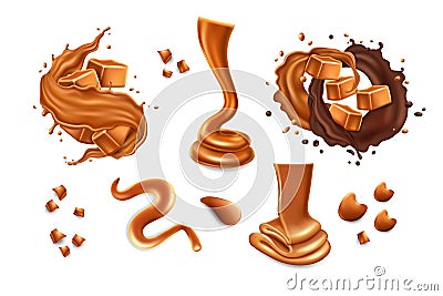 Realistic caramel, chocolate candy, toffee dessert. Sweet 3d milk splash of sauce or cream, cube icon in drip of syrup Vector Illustration