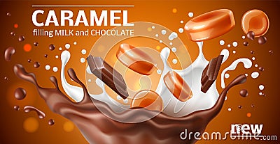 Realistic caramel poster. 3d round candies and cubes, sweet chocolate and milk splashes, sweet toffee desserts Vector Illustration