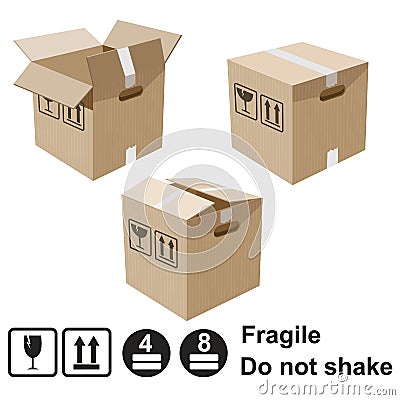 Realistic cardboard box with warning signs, , 3d, elements Stock Photo