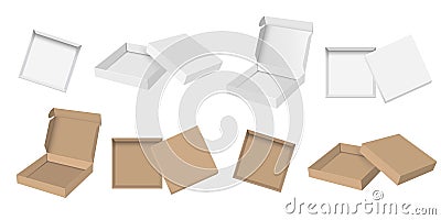 Realistic cardboard and white pizza box package mockup Vector Illustration