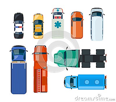 Realistic cars and trucks: police, taxi, emergency, fire service, truckers. Vector Illustration