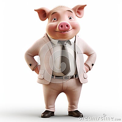 Realistic Cartoon Pig In Business Suit - Colorized Portrait Stock Photo