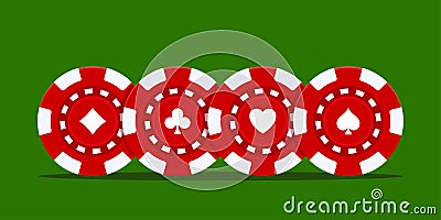 Realistic casino chips on green background. Realistic red casino poker game chips, gambling plastic coins. Jackpot chip tokens for Vector Illustration