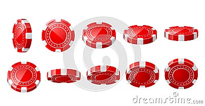 Realistic casino chips. Red 3D gambling tokens. Different view angles. Jackpot and win bets. Gaming coins for playing Vector Illustration