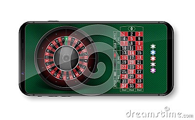 Realistic casino roulette wheel with chips isolated on green table. Vector Illustration