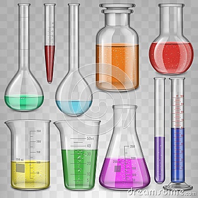 Realistic chemical lab glass beaker, filled test tubes, flask, glassware equipment. Laboratory chemical tests glassware Vector Illustration