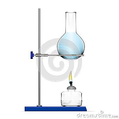 Realistic Chemical Laboratory Equipment. Glass Flask, Beaker, Spirit Lamp Stock Photo