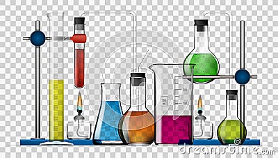 Realistic Chemical Laboratory Equipment Set. Glass Flasks, Beakers, Spirit Lamps Stock Photo