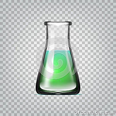 Realistic Chemical Laboratory Glassware Or Beaker Transparent Glass Flask With Green Liquid Stock Photo