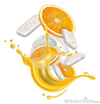 Realistic chewing gum. 3D splashes juice and water with bubblegum refreshing pads. Fresh fruit pieces. Orange slices and Vector Illustration