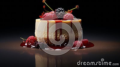 Realistic Chiaroscuro Cheesecake With Berries And Sauce Stock Photo