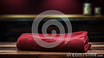 Realistic Chiaroscuro Photograph Of Maroon Towel On Wooden Table Stock Photo