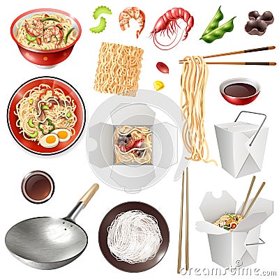 Realistic Chinese Noodles Set Vector Illustration